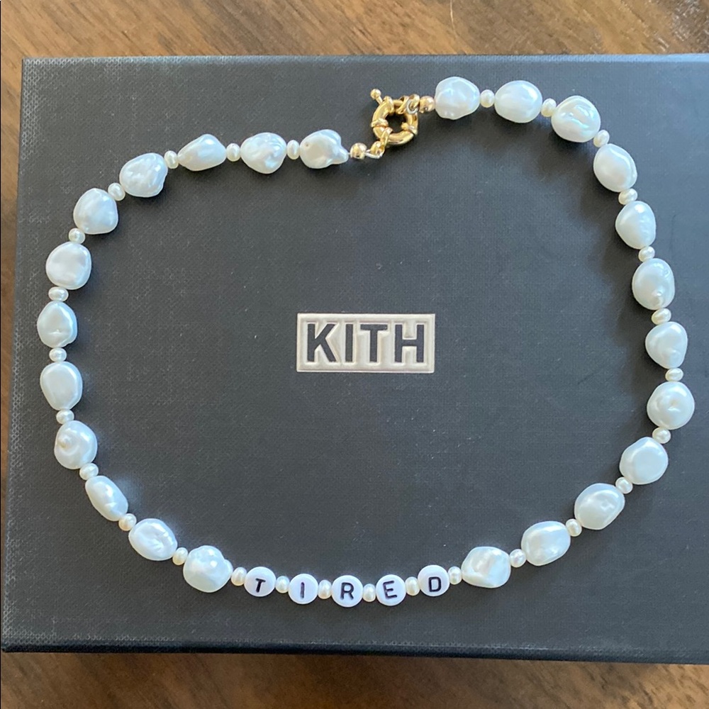Eliou White Pearl Necklace with Gold Clasp and Letter Beads